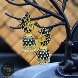 Glam Sakhi Peacock Pearl Meenakari Jhumka Black